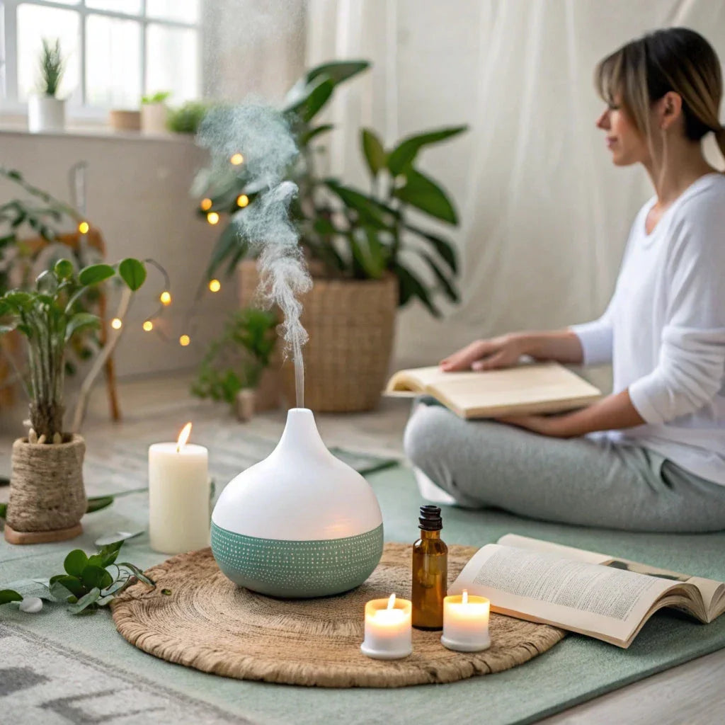 Femme assise en méditation avec diffuseur d'huiles essentielles, bougies allumées, ambiance zen et détente