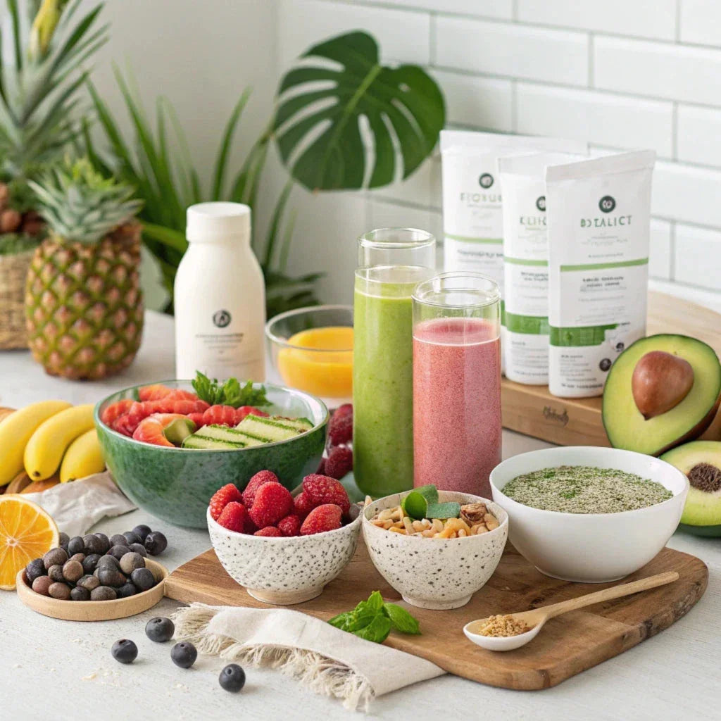 Petit-déjeuner santé avec smoothies, fruits frais, noix, avoine et avocats sur table lumineuse