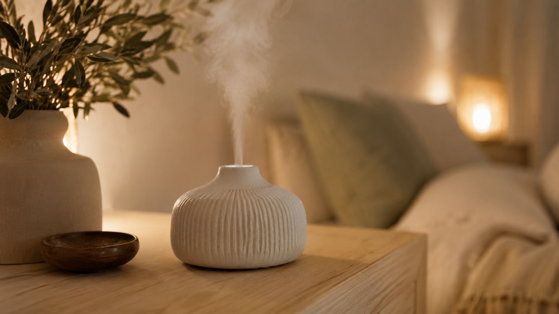 Femme assise en méditation avec diffuseur d'huiles essentielles, bougies allumées, ambiance zen et détente