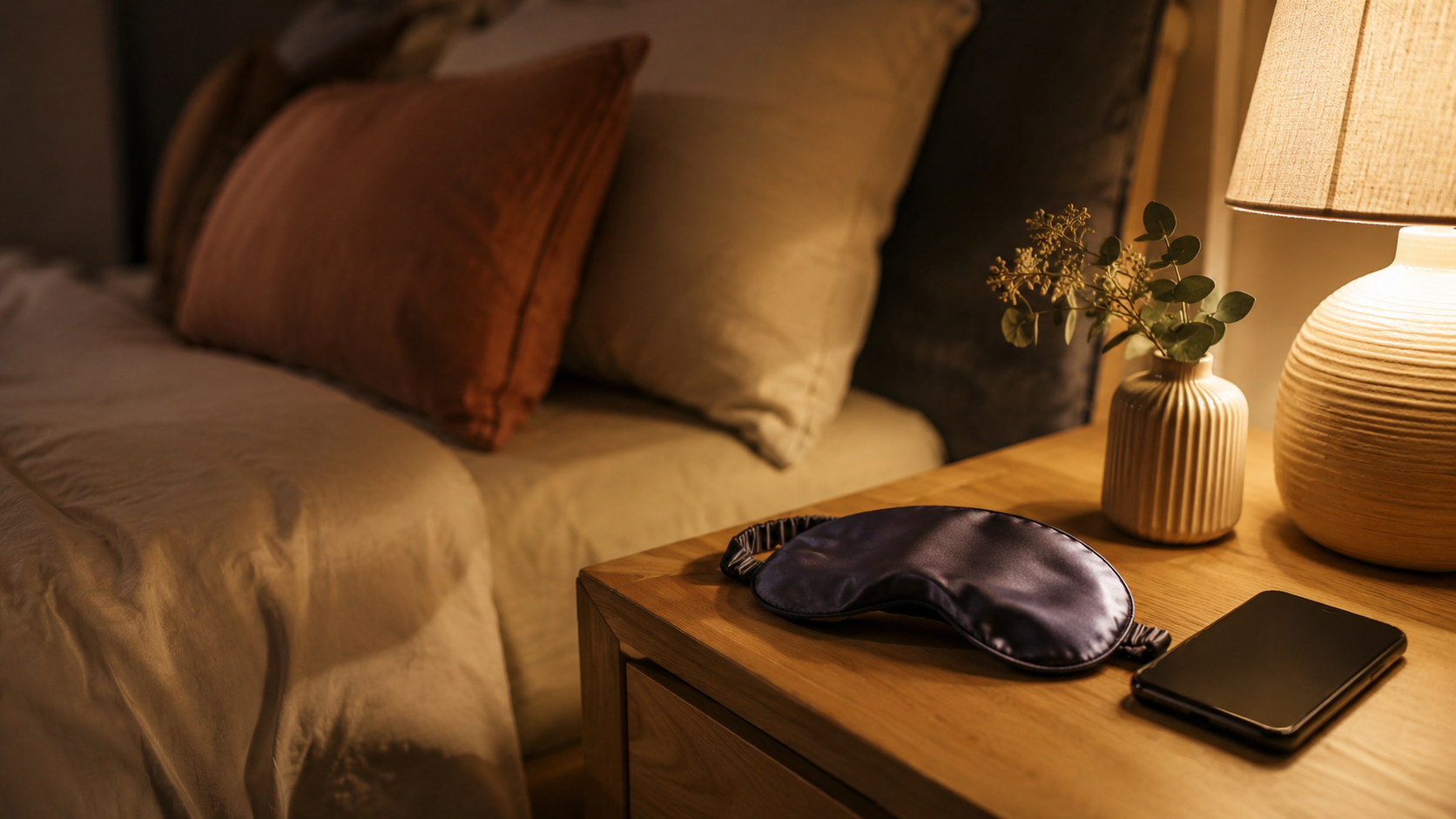 Femme détendue allongée sur oreiller ergonomique avec masque de sommeil dans chambre apaisante