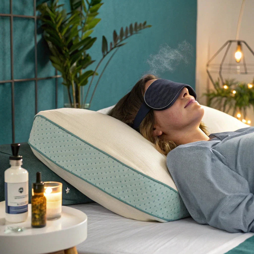 Femme détendue allongée sur oreiller ergonomique avec masque de sommeil dans chambre apaisante