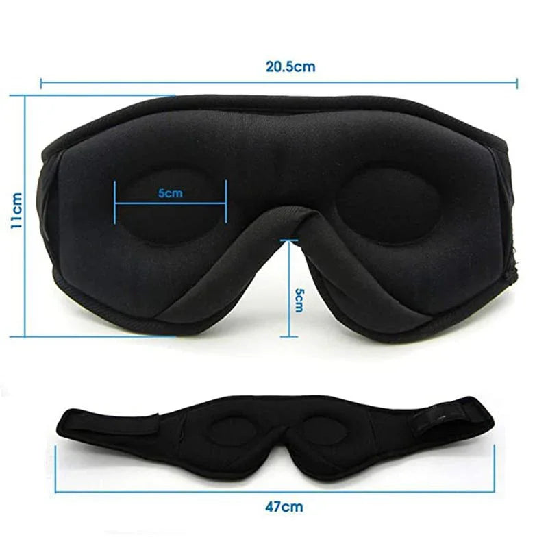 Masque de sommeil noir ergonomique avec dimensions indiquées, design confortable pour les yeux