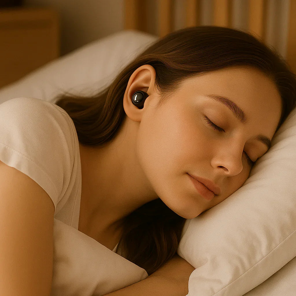Jeune femme dormant paisiblement avec des écouteurs sans fil noirs en position couchée